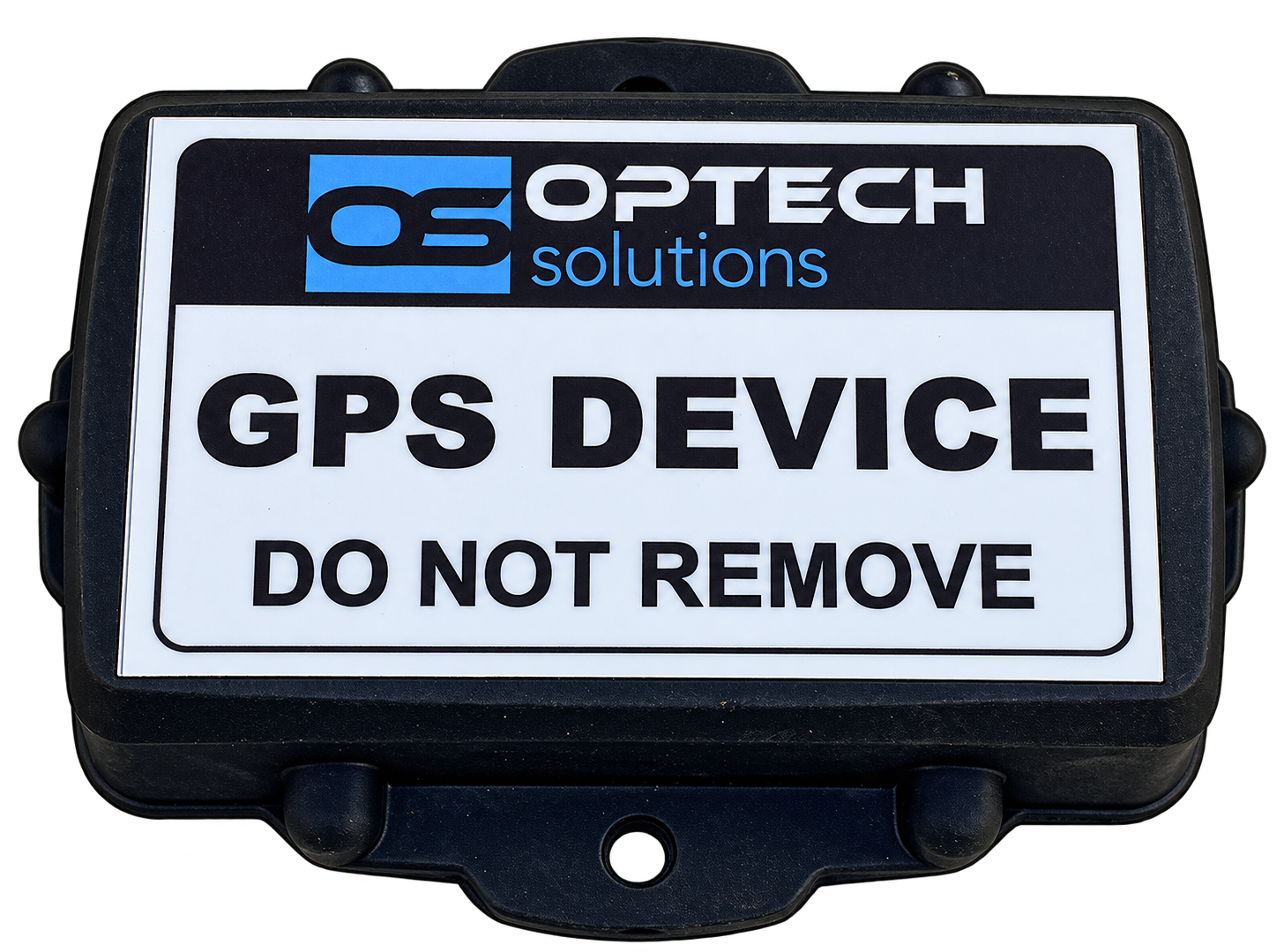 Optech GPS tracking puck labelled GPS DEVICE — DO NOT REMOVE