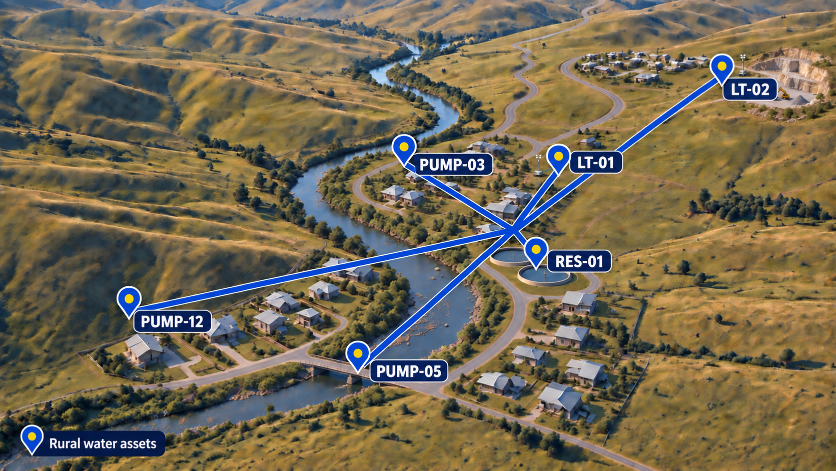 Village asset tracking map with location markers for pumps, a reservoir and lighting towers