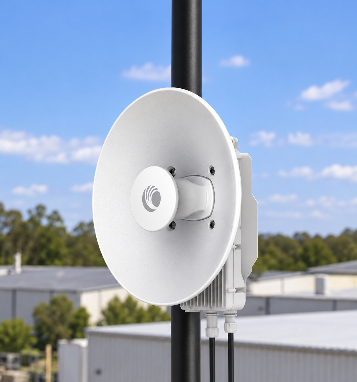 Wireless dish radio overlooking an industrial site
