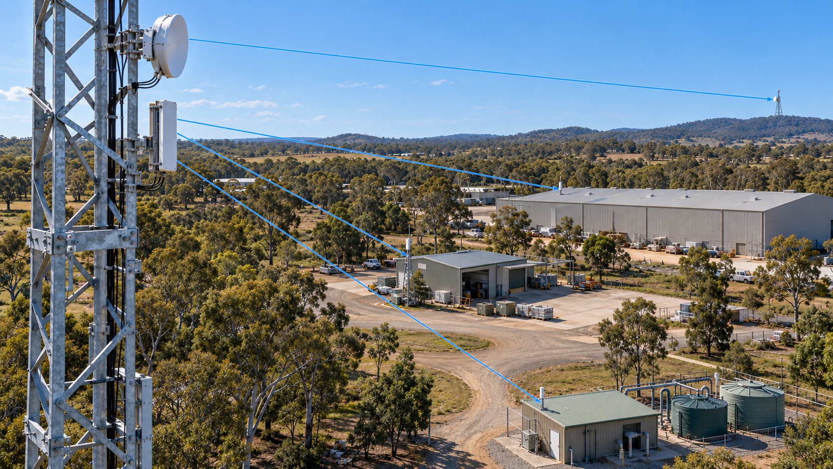 Illustrative wireless network with a tower-to-tower dish link and sector antenna links to a warehouse, workshop and pump station
