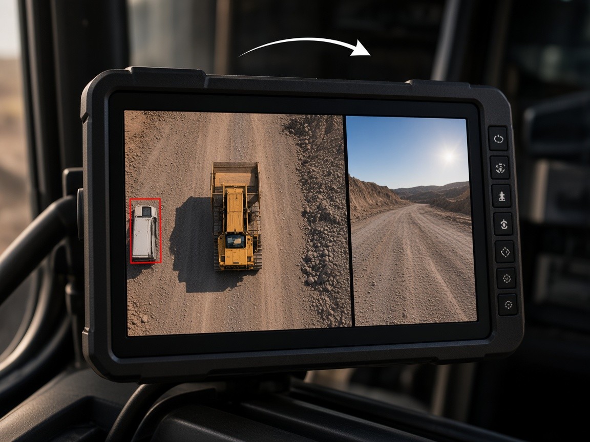 In-cab monitor showing a dozer aerial view and surrounding vehicles