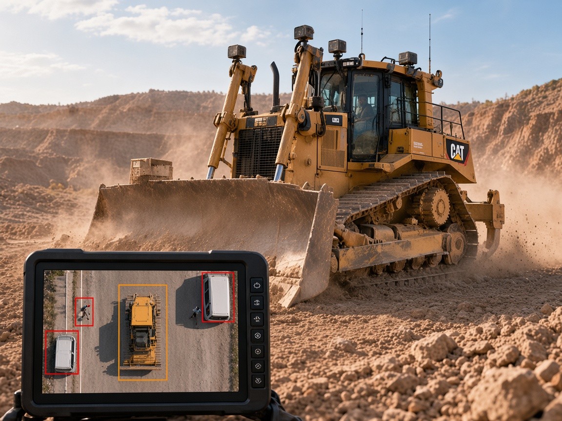 Dozer on a mine site with an in-cab 360-degree aerial view on the monitor