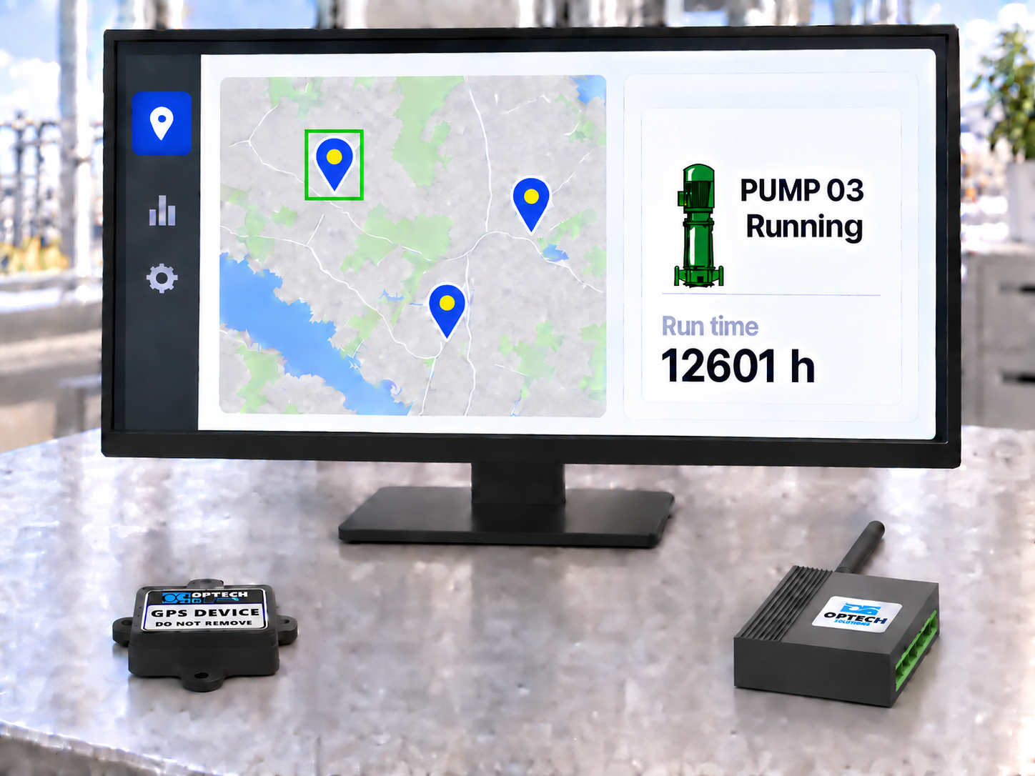 Optech GPS tracker and telemetry controller beside a monitor showing asset locations and Pump 03 running for 12601 hours