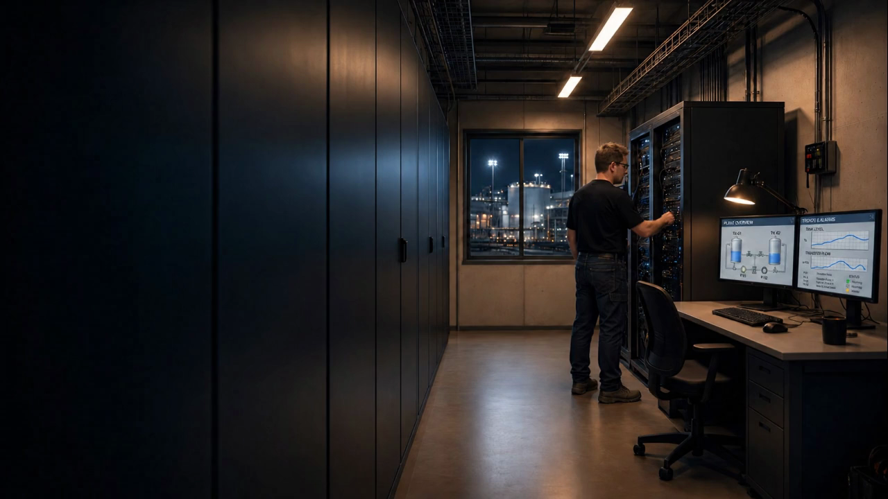 Illustrative technician maintaining server racks beside SCADA screens showing tank levels, pumps, process trends and alarms for the plant outside.