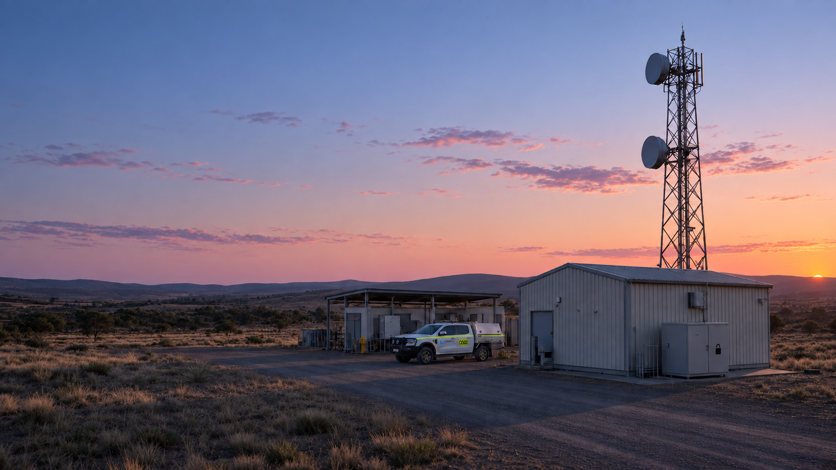 Illustrative sunrise at a remote communications site, with Optech's OS03 work vehicle beside the equipment shelter and shed.