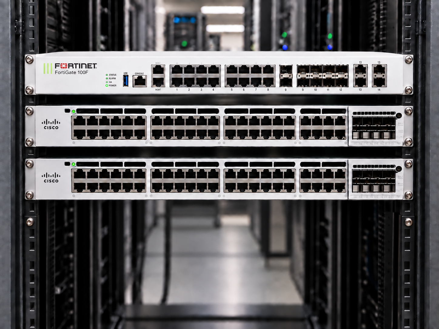 Rack with a FortiGate firewall above two Cisco network switches